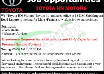 Toyota Jobs in Lahore 2018