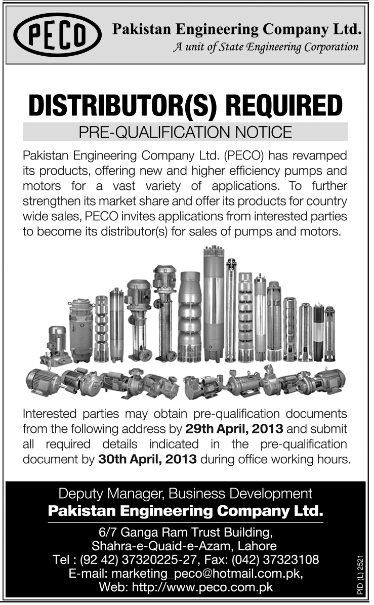 Jobs for Distributors Needed in Pakistan Engineering Company Ltd.