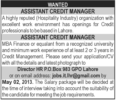 Jobs for Assistant Credit Manager Requied in Hospital Industry Lahore
