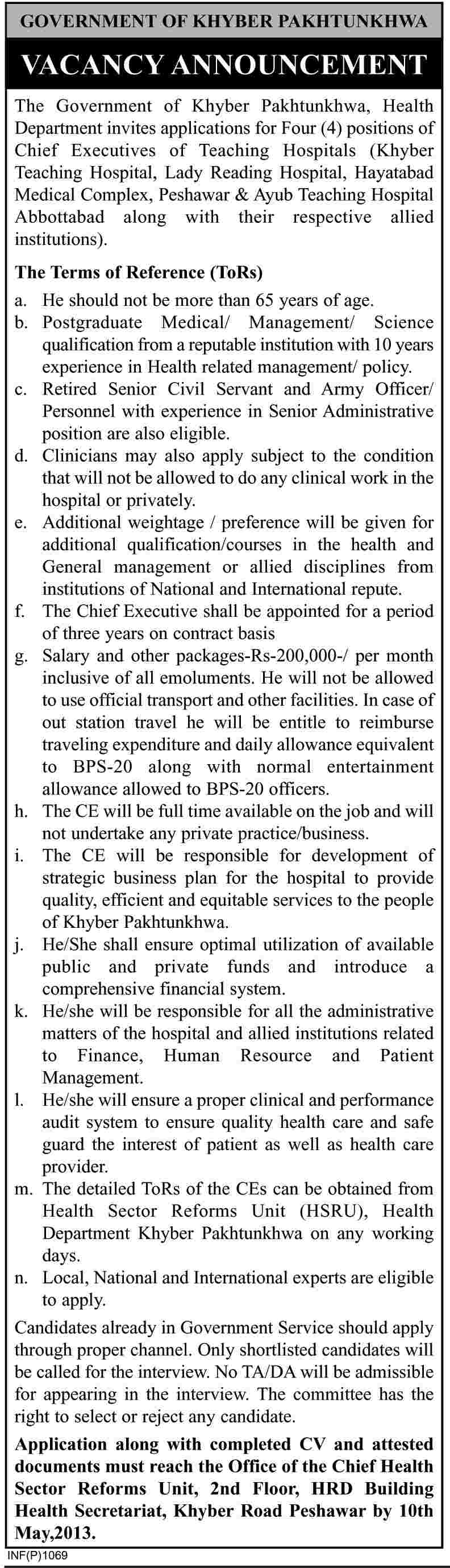 Jobs for Cheif Executives of Teaching Hospital in Govt. of KPK