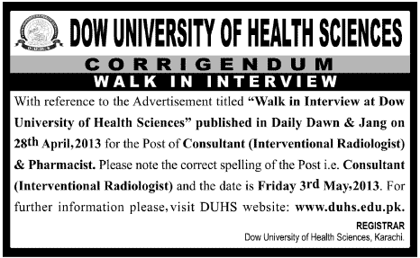 Jobs for Consultant & Pharmacist in DOW University Of Health Sciences