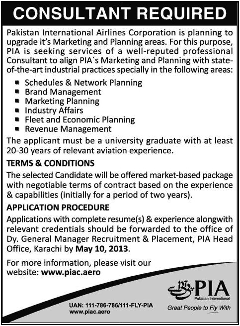 Jobs for Consultant Post Needed in PIA Karachi