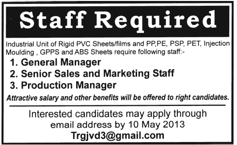 Jobs for General Manager & Marketing Staff in Industrial Unit