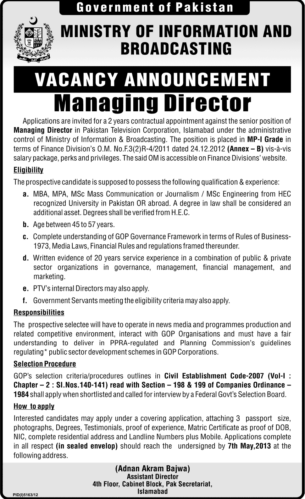 Jobs for Managing Director in Ministry of Information & Broadcasting