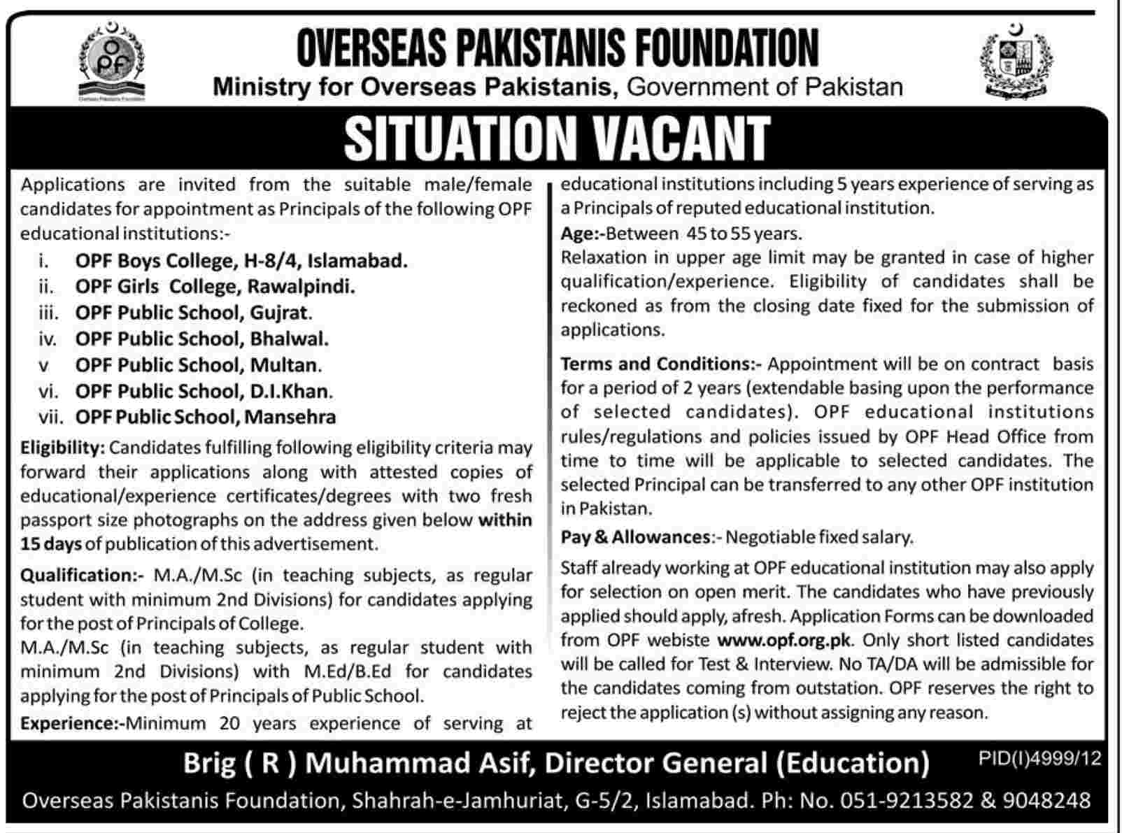 Jobs for Principals Required in Overseas Pakistan Foundation