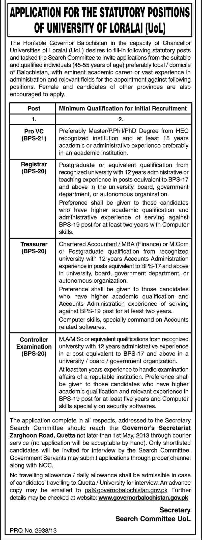 Jobs for Pro V.C, Controller & Registrar in University of Loralai (UOL)