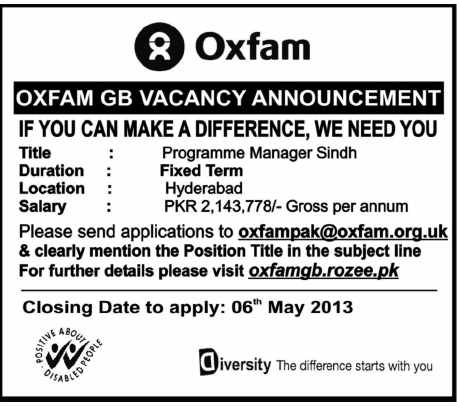 Jobs for Program Manager Sindh Required in Oxfam Hyderabad