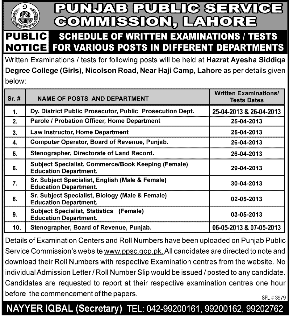 Jobs for Schedule Of Examination in Punjab Public Service Commission Lahore