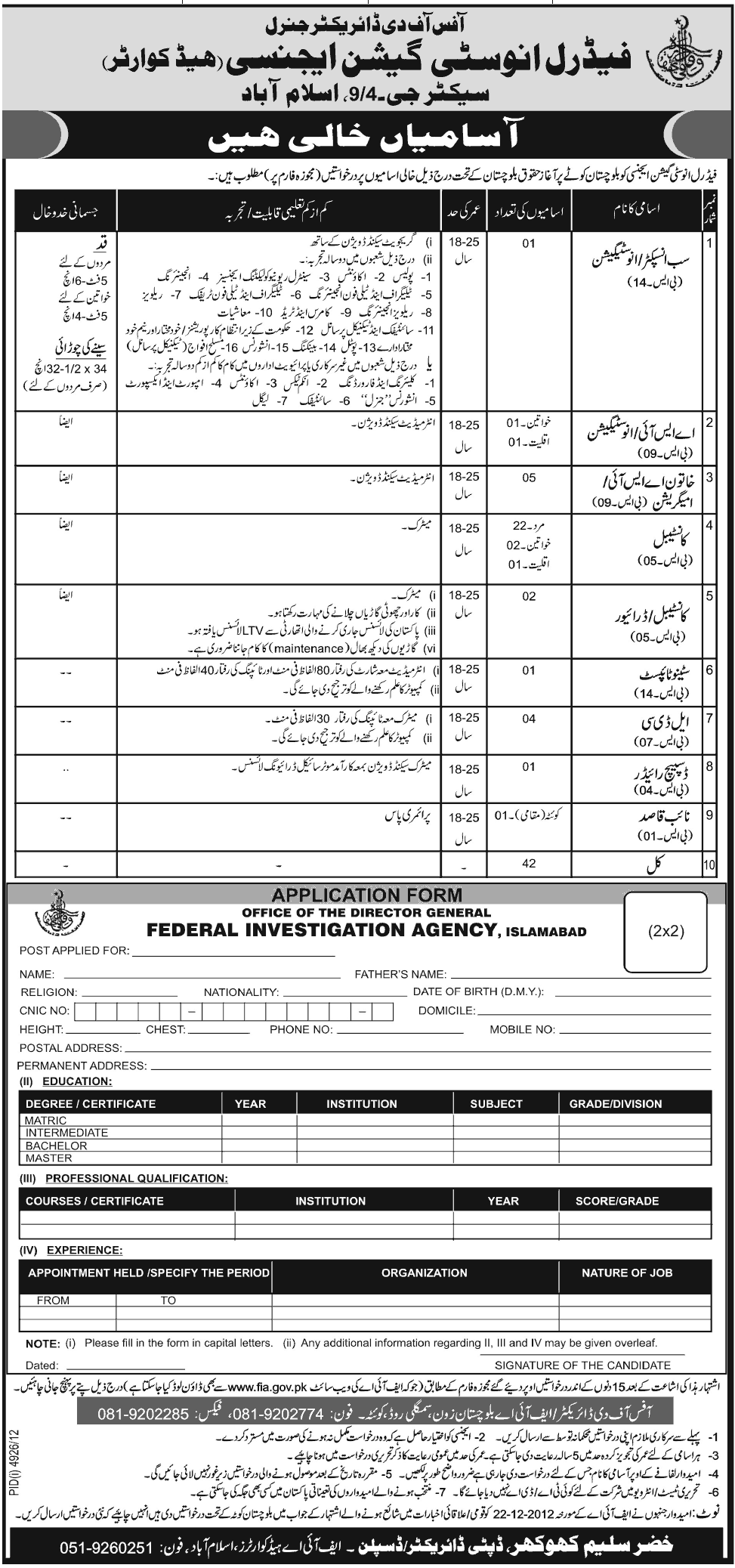 Jobs for Sub Inspector, ASI, Constable & Stenotypist in FIA Islamabad