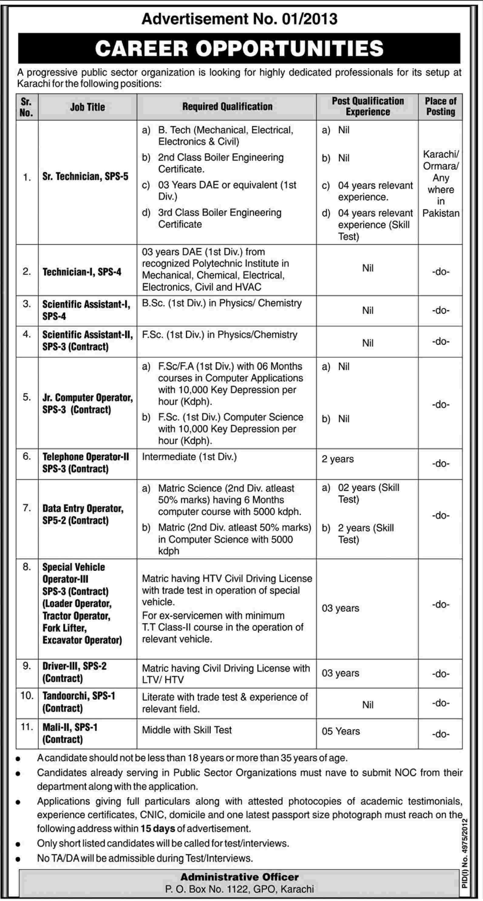 Jobs for Technicians & Assistant in Public Sector Organization Karachi