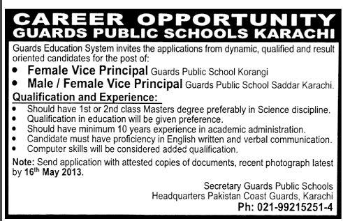 Jobs for Vice Principal in Guards Public Schools Karachi