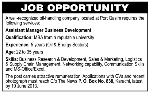 Assistant Manager Jobs Required in Oil Handling Company Karachi