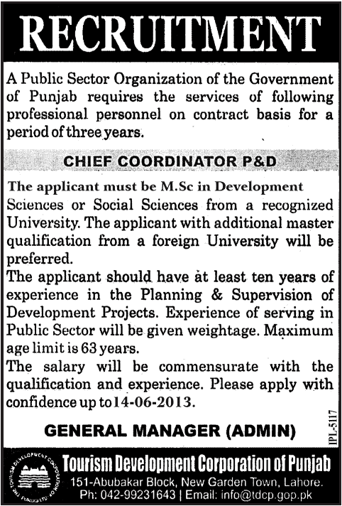 Cheif Coordinator P & D Required in Public Sector Organization Punjab Lahore