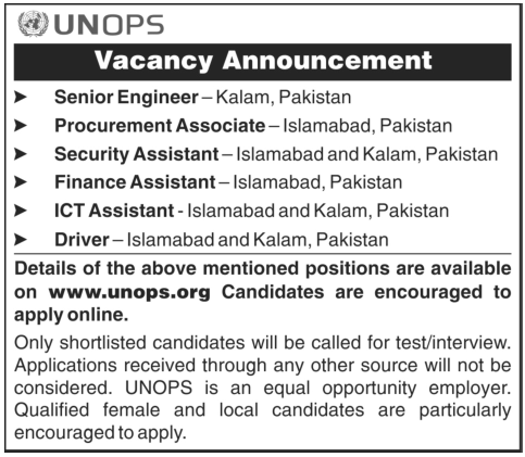 Engineer & Finance Assistant Jobs in UNOPS Islamabad