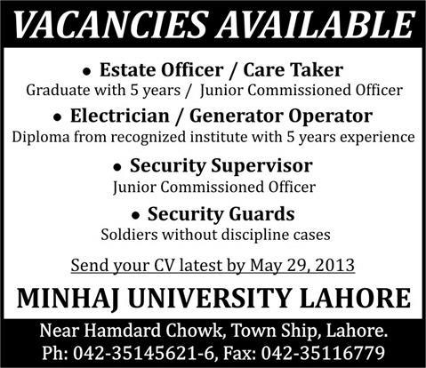 Estate Officer & Electrician Jobs Needed in Minhaj University Lahore