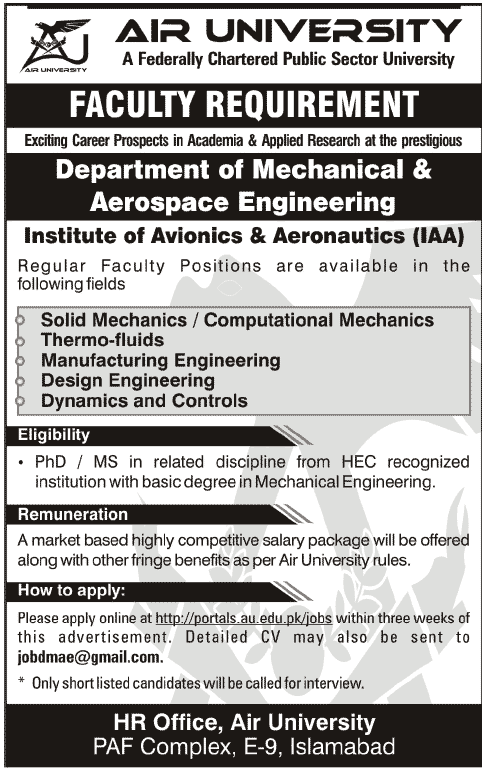 Faculty & Manufacturing Engineer Needed in Air University Islamabad