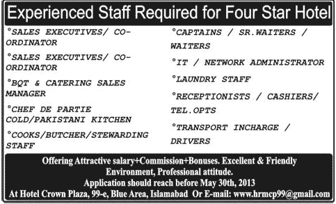 Four Star Hotel Jobs for Sales & Experienced Staff in Islamabad