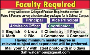 Jobs For Principal, Vice Principal, Admission Officer in College of Pakistan Sahiwal