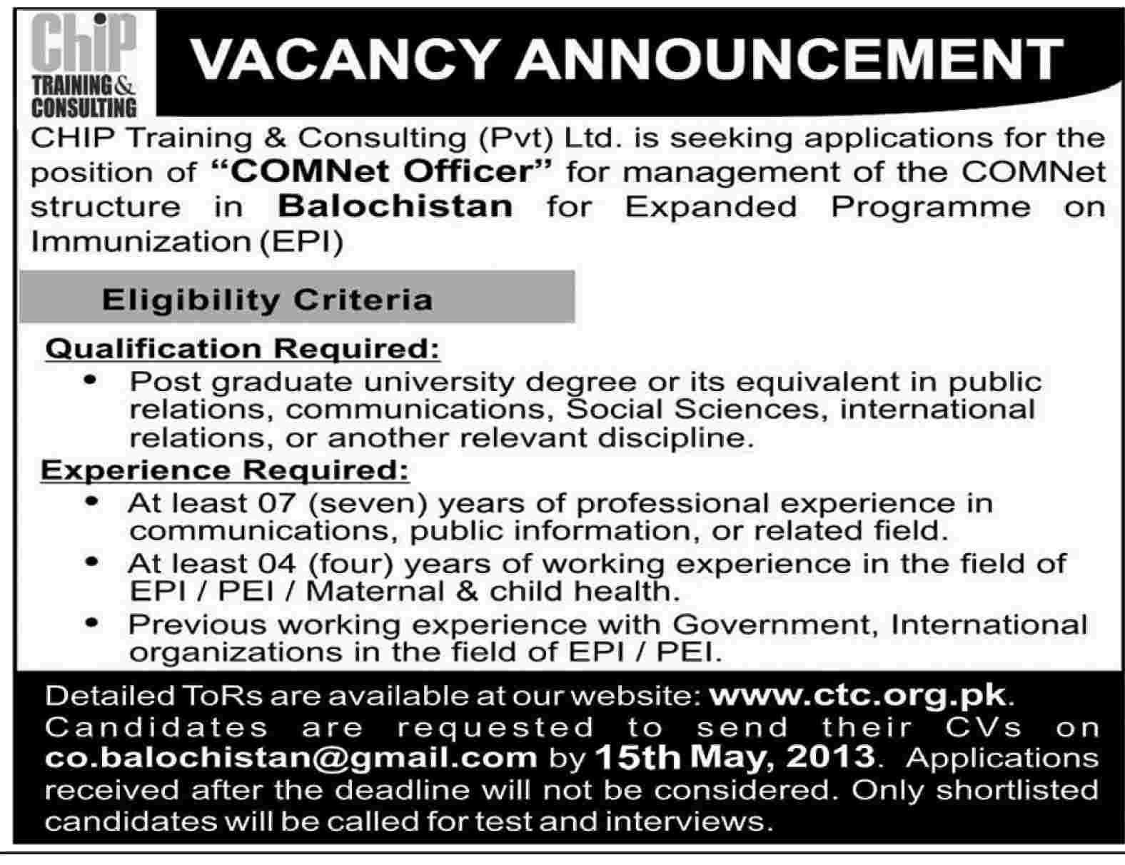 Jobs for COMNet Officer Required in Chip Training & Consulting