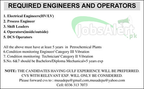 Jobs for Electrical Engineer, Process Engineer & Shift Leaders