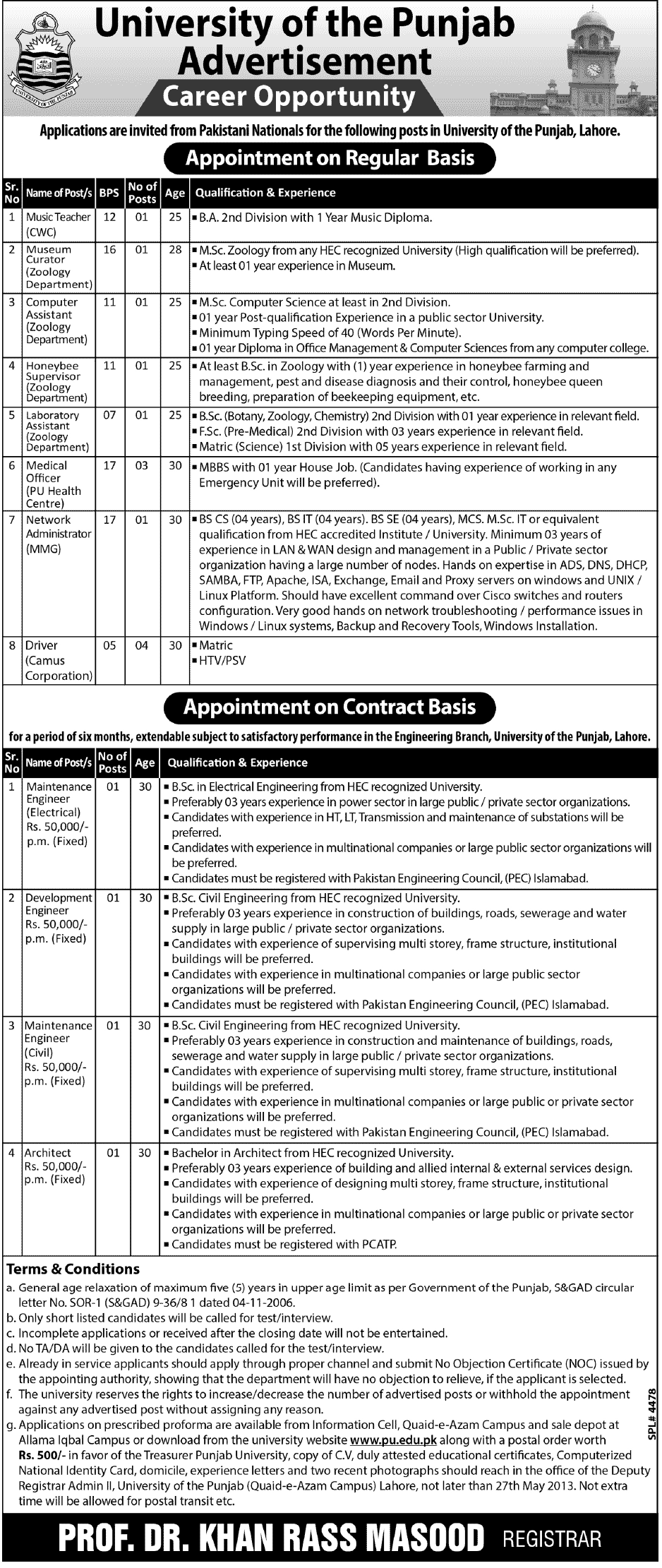 Jobs for Electrical Engineers, Civil Engineers & Teaching in University of The Punjab.