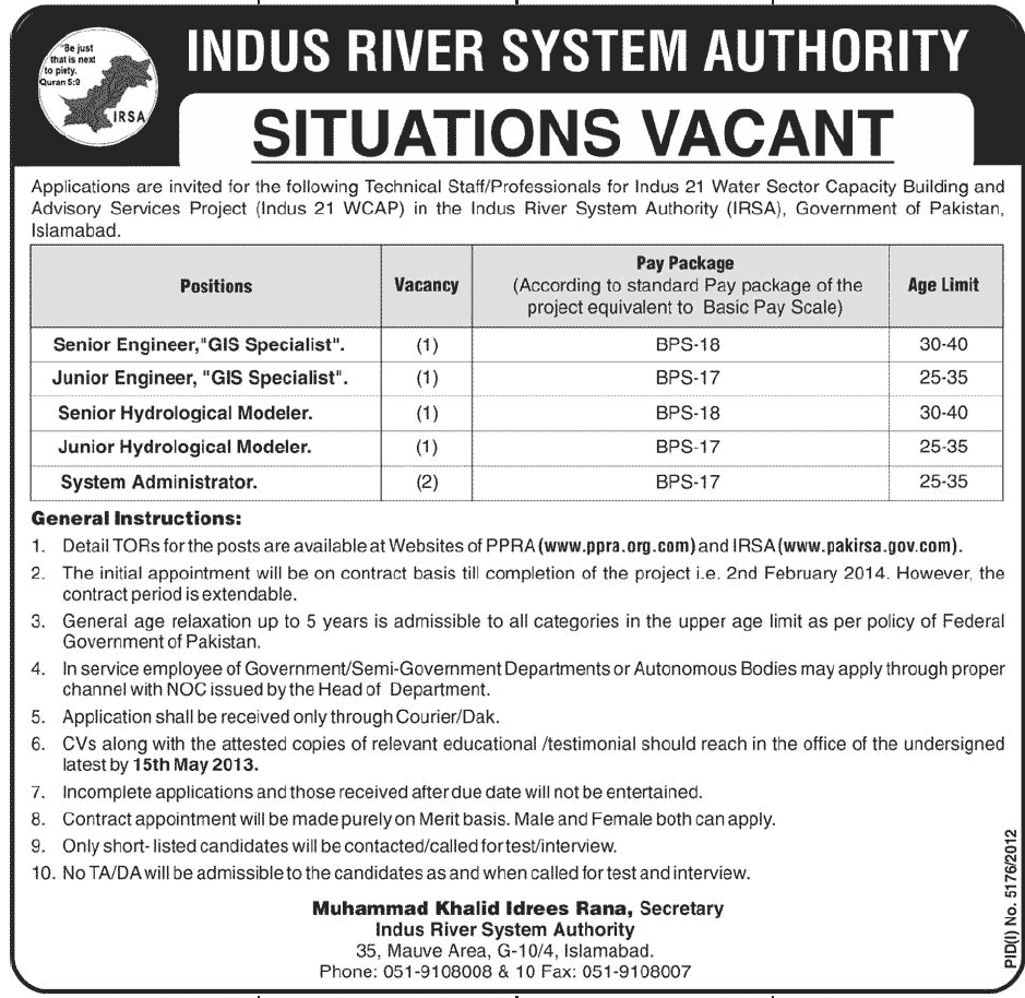 Jobs for Engineers & Administrator Needed in Indus River System Authority