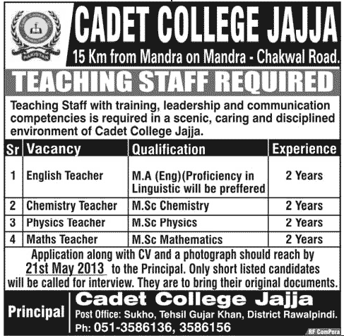 Jobs for English and Chemistry Teachers in Cadet College Jajja, Rawalpindi