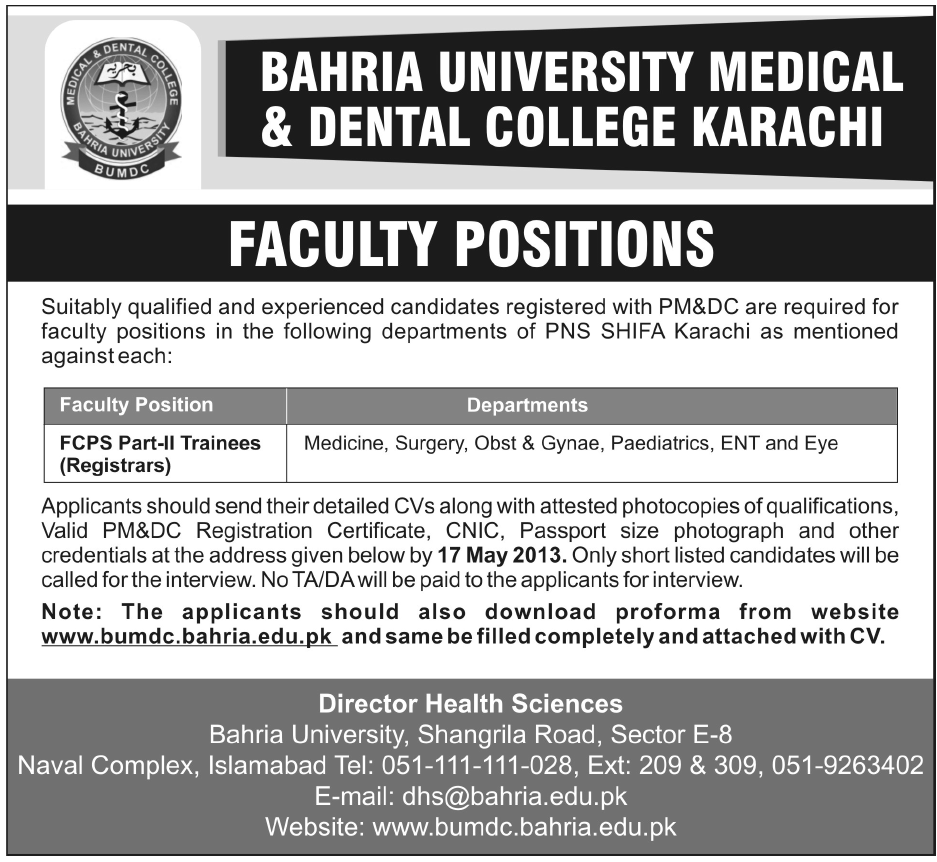 Jobs for FCPS Part II Training in Bahria University Medical & Dental College Karachi