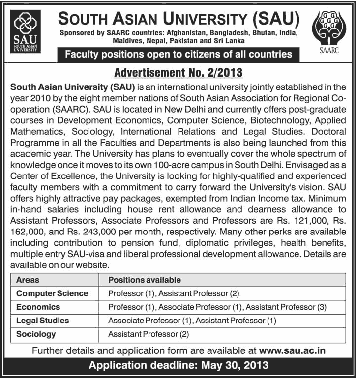 Jobs for Faculty Required in South Asian University (SAU)