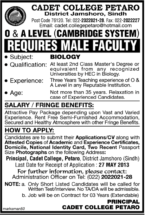 Jobs for Male Faculty in Cadet College Petaro, Jamshoro Sindh.