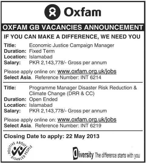 Jobs for Managers Required in Oxfam, Islamabad