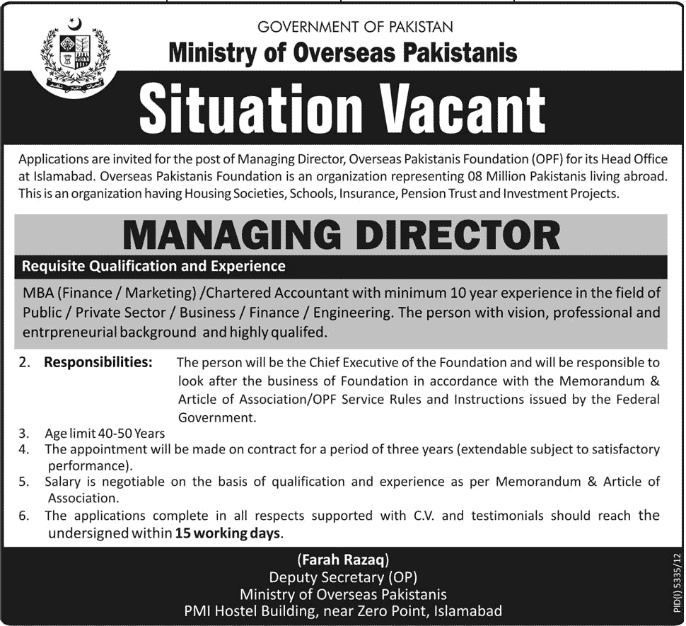 Jobs for Managing Director in Ministry of overseas Pakistanis, Govt. of Pakistan