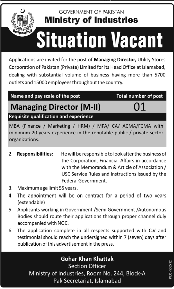 Jobs for Managing Director in Utility Stores Corporation, Ministry of Industries, Islamabad