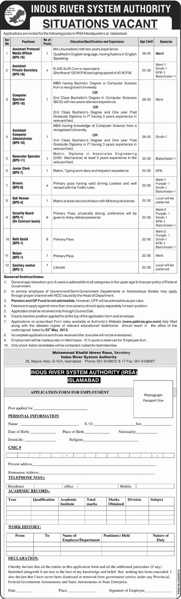 Jobs for Medical Officer, Secretary & Computer Operator in IRSA, Islamabad