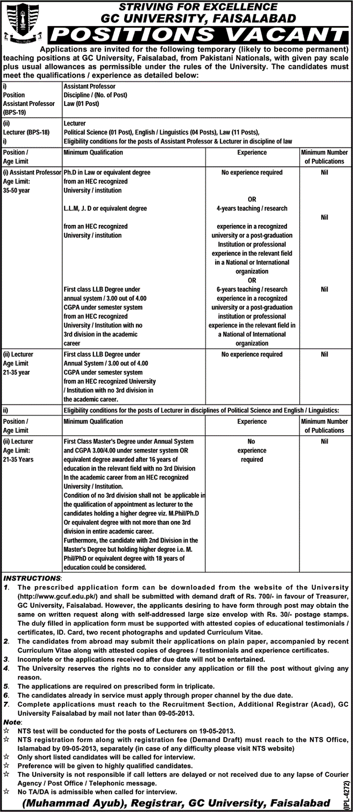 Jobs for Professors & Lecturers In GC University, Faisalabad