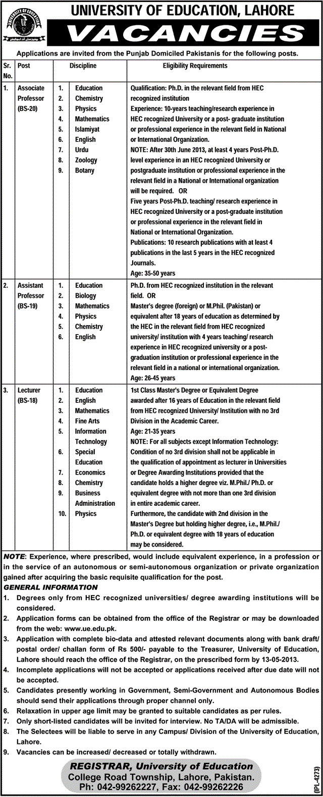 Jobs for Professors & Lecturers in University Of Education Lahore