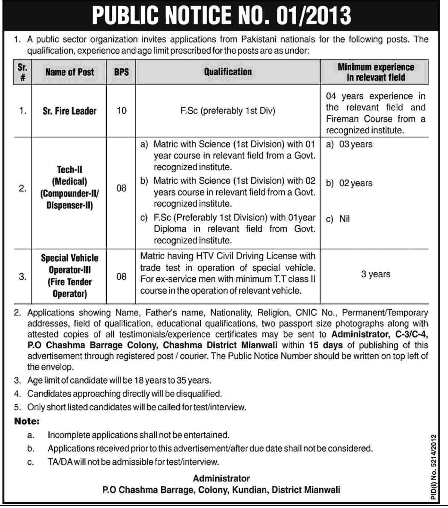 Jobs for Safety Officers & Fireman, Operators in Public Sector organization Mianwali