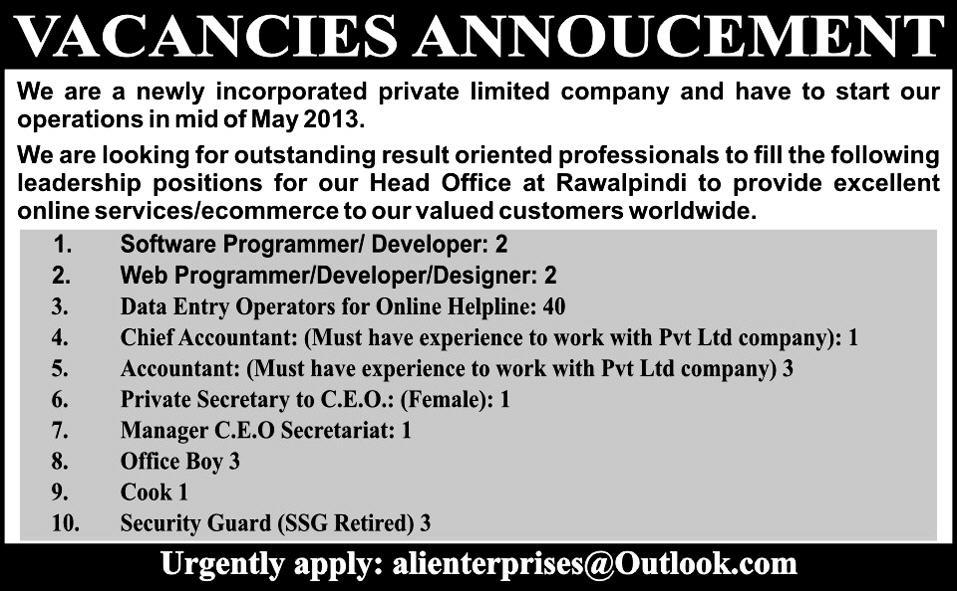 Jobs for Software ProgrammerDeveloper & Accountant in Private Company, Rawalpindi.