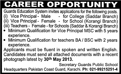 Jobs for Vice Principal & Teachers in the Guards Education System, Karachi