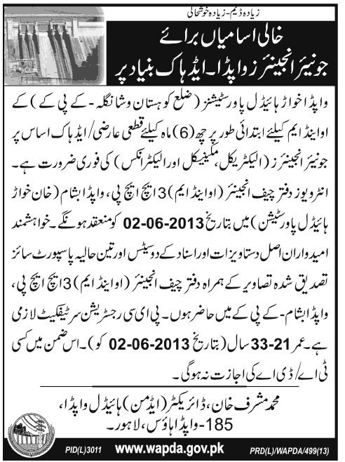 Junior Engineer Jobs Required in WAPDA Lahore