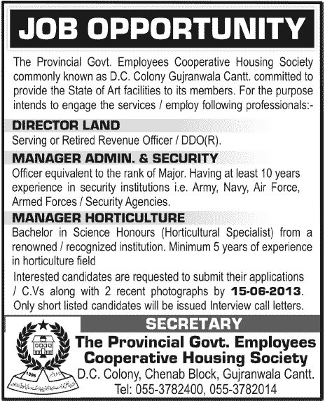 Manager & Director Land Jobs Required in D.C Colony Gujranwala Cantt