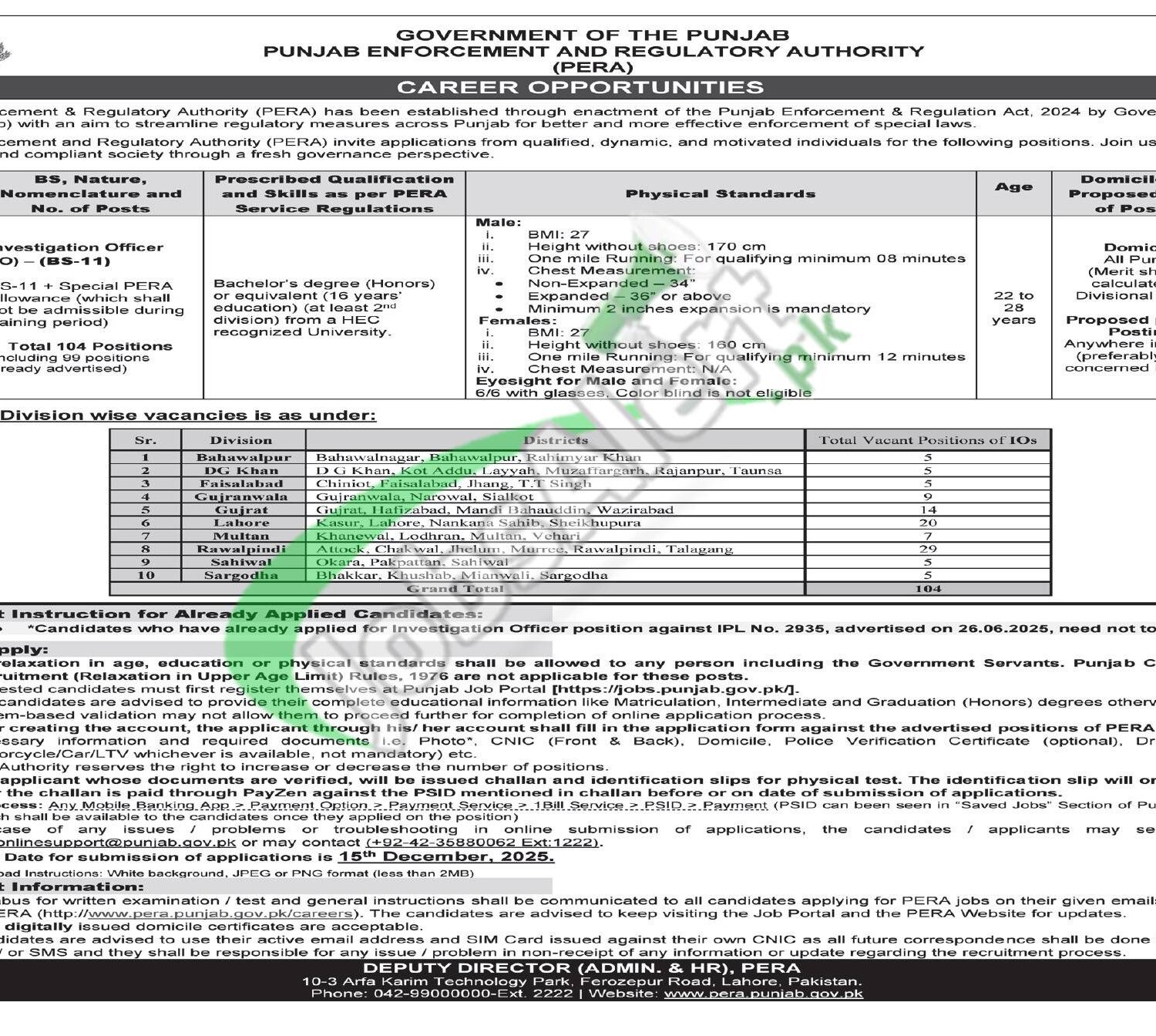 PERA Investigation Officer Jobs 2025 Apply Online for 104 Vacancies Across Punjab PERA IO Job Ad