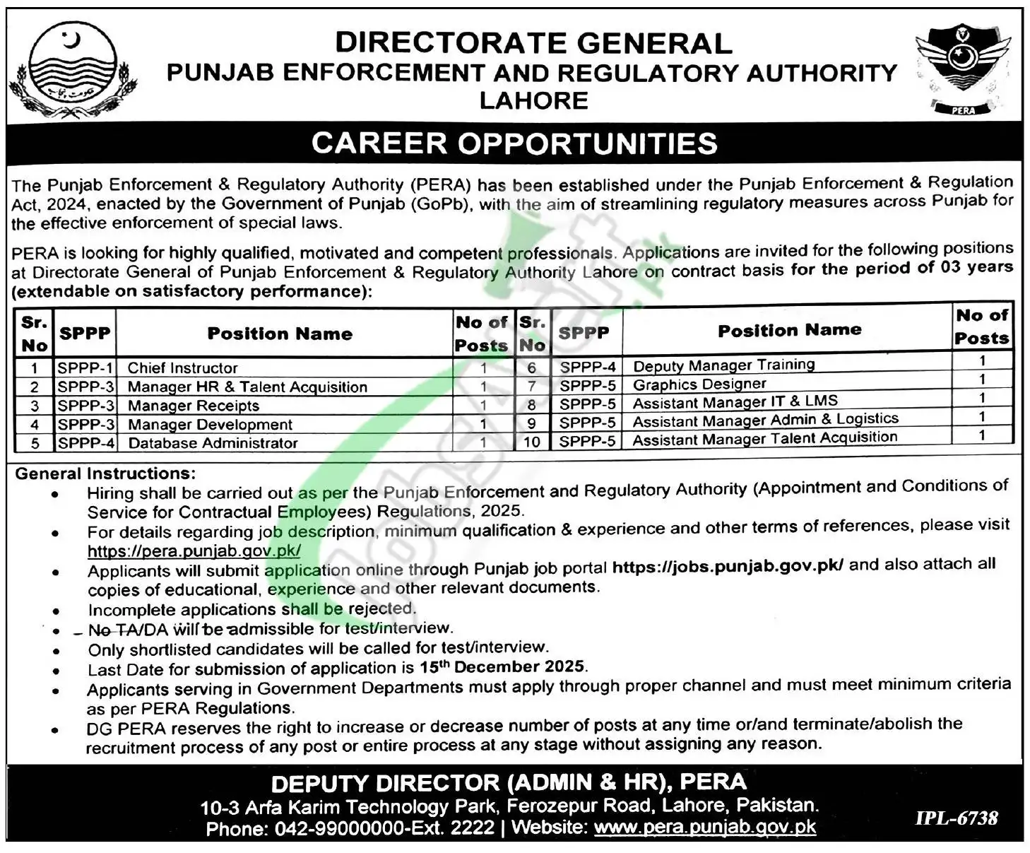 Punjab Enforcement Regulatory Authority PERA Jobs 2025 Apply Online 