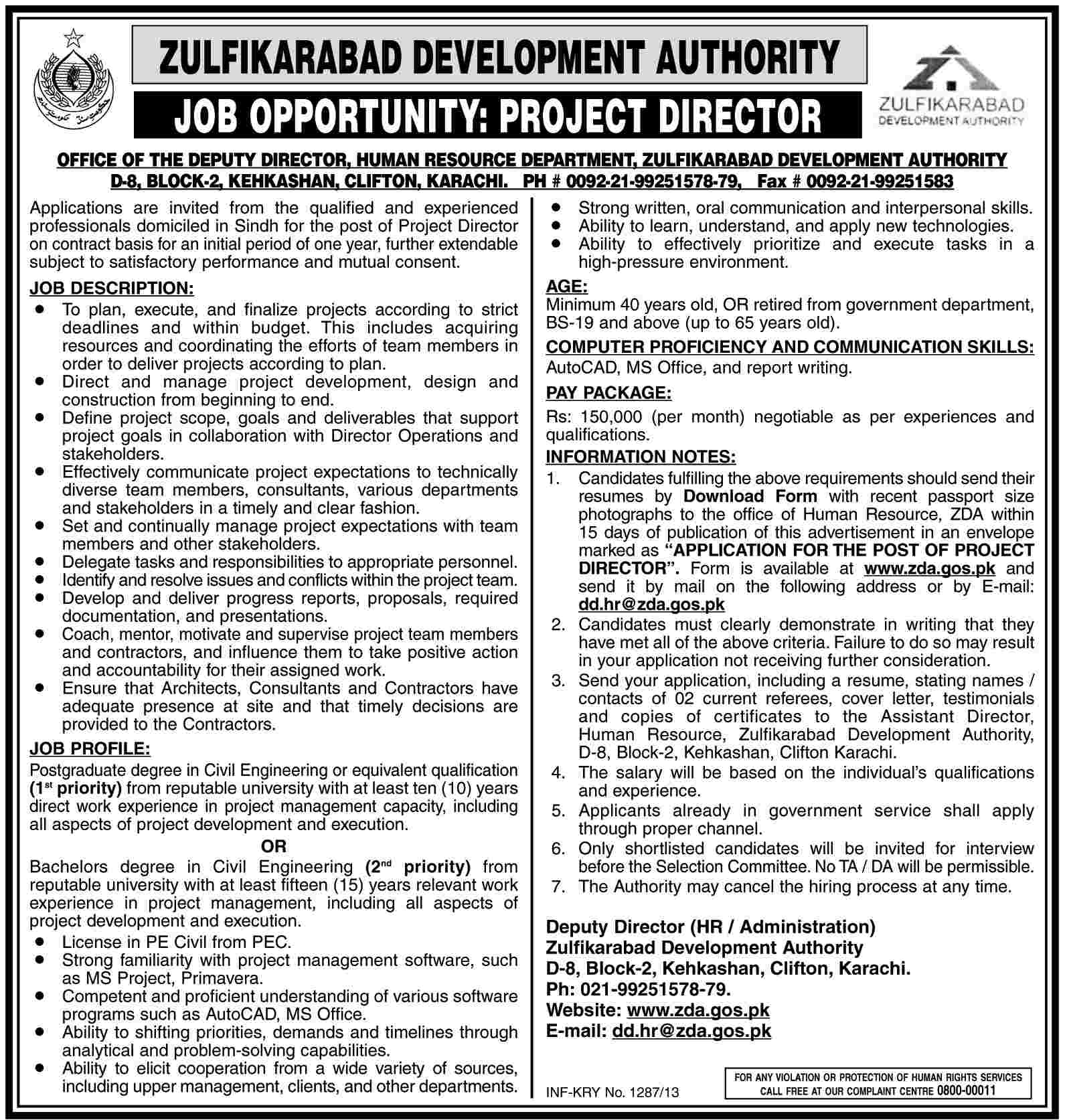 Project Director Required in Zulfikarabad Development Authority Karachi