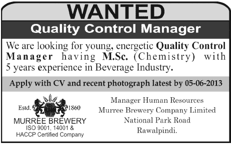 Quality Control Manager Required in Murree Brewery