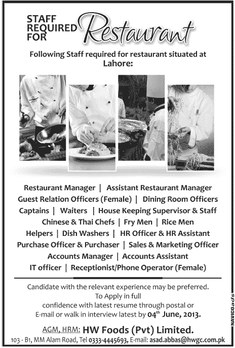 Restaurant Staff Jobs Required in Lahore
