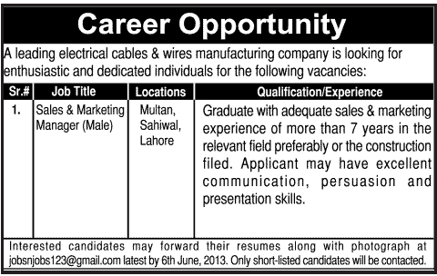 Sales & Marketing Managers Required in Electric Cables Company Lahore