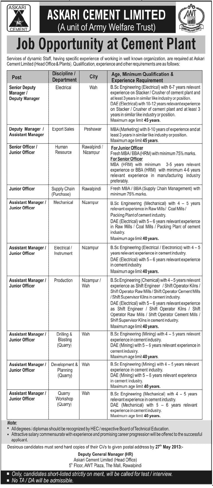 Senior Deputy Manager & officers in Askari Cement Limited, Rawalpindi