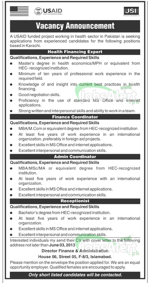 USAID Jobs Funded Project Karachi for Health Financing Expert