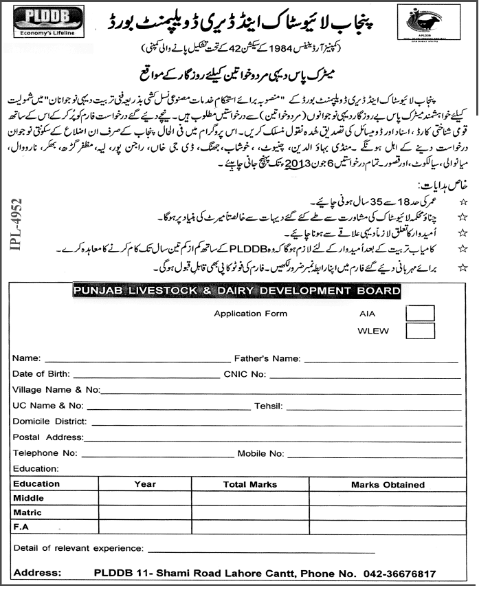 Working Staff of Metric Pass Jobs in Punjab Livestock & Development Board, Lahore